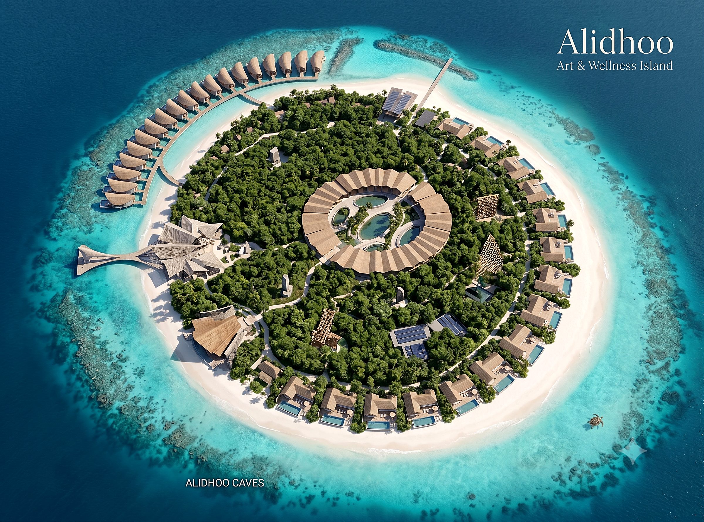 Top-down aerial visualization of Alidhoo Art & Wellness Island — a round island with a circular wellness ring at its centre, a beach ring of pool villas and an arc of curved-roof Wave Villas over the lagoon.