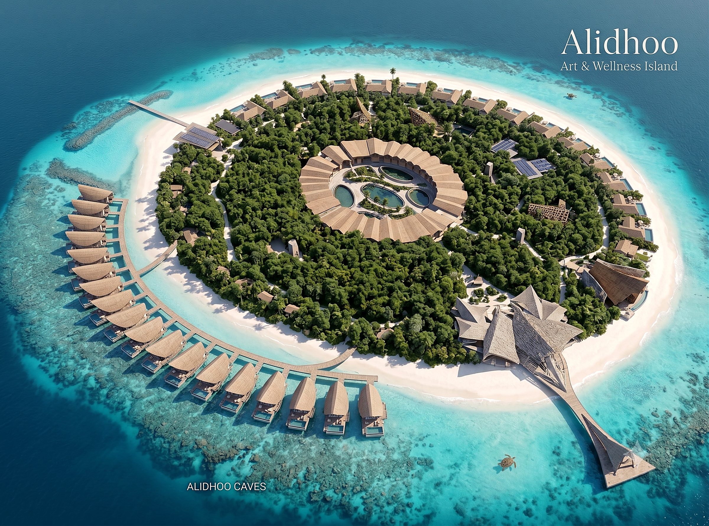 Oblique aerial visualization of Alidhoo Art & Wellness Island — the Wave Villas arc over the lagoon, the circular wellness ring in the vegetation, the sculptural arrival gallery and solar fields integrated into the island.