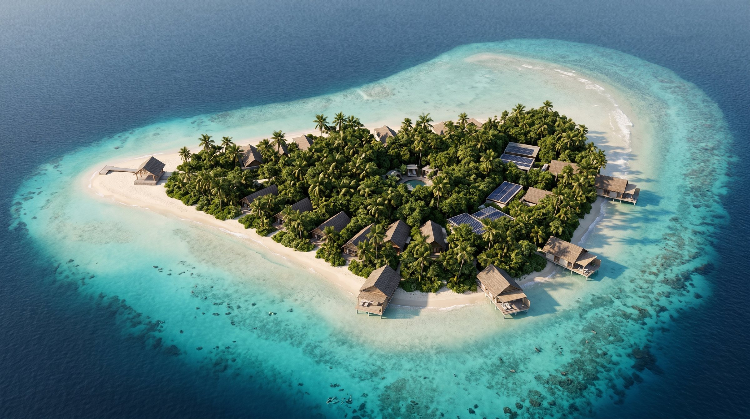 Aerial visualization of Berinmadhoo Northern Quiet Retreat &mdash; compact island, arrival jetty, low villas behind the vegetation line and reef shallows around the site.