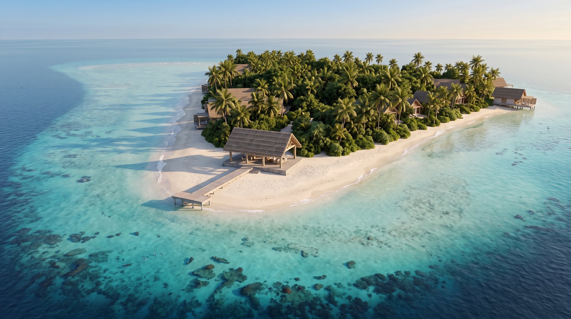 Second aerial visualization of Berinmadhoo Northern Quiet Retreat from a lower angle &mdash; the same compact island, arrival jetty, beach villas and screened technical roofs set within reef shallows.