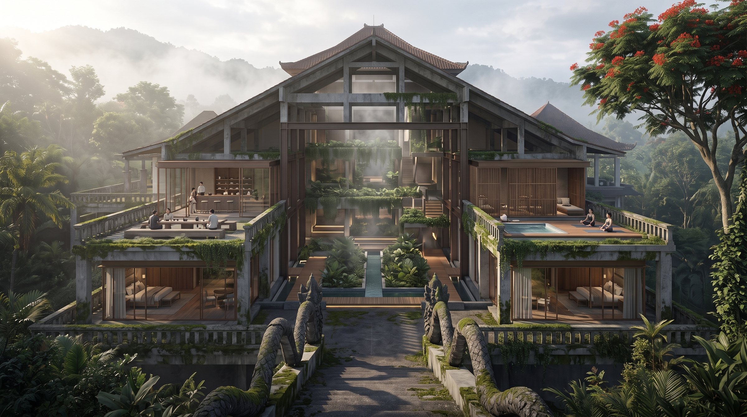 Bedugul Highland Ruins Retreat concept visualization - aerial overview grounded in the real site reference.