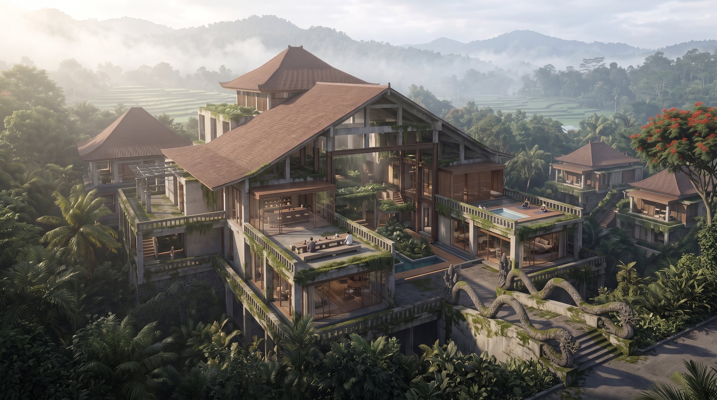 Bedugul Highland Ruins Retreat concept visualization - same resort concept from an alternate angle.