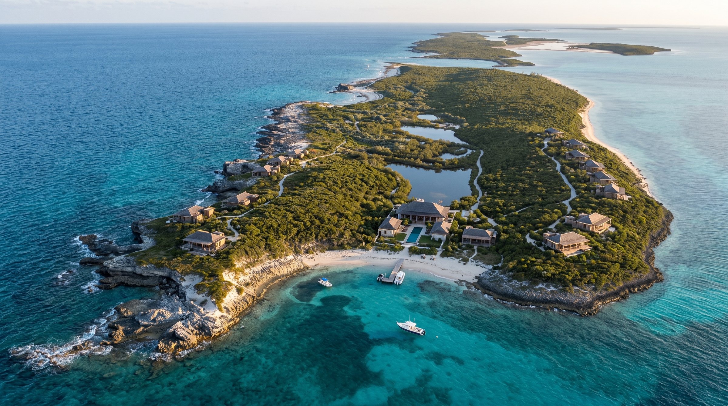Devil's Cay / Neptune's Nest Bluewater Hideaway concept visualization - aerial overview grounded in the real site reference.