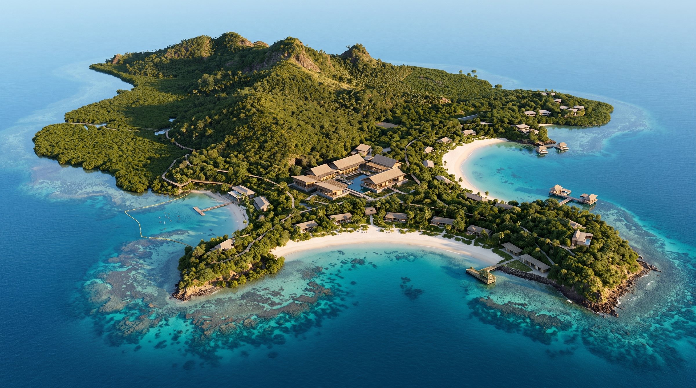Five Bays Eco Estate concept visualization - aerial overview grounded in the real site reference.