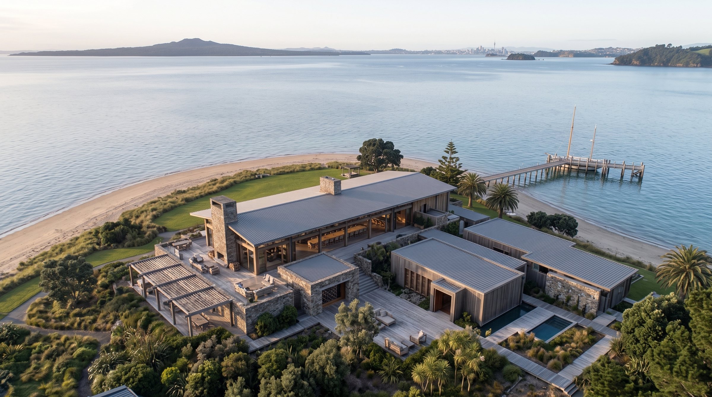 Hauraki Gulf Island Rebirth concept visualization - same resort concept from an alternate angle.