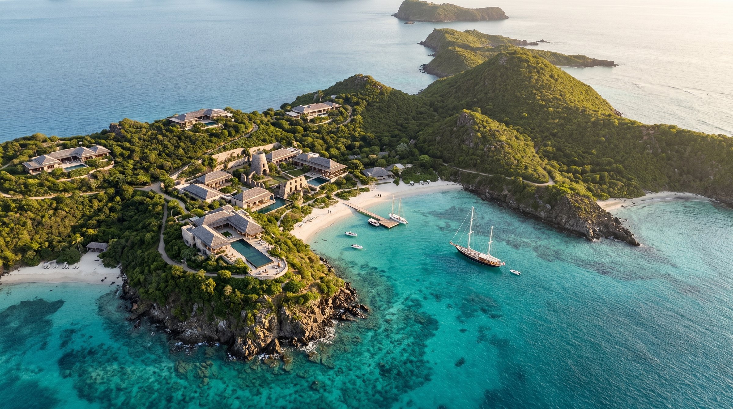 Isle à Quatre Grenadines Legacy Estate Resort concept visualization - aerial overview grounded in the real site reference.