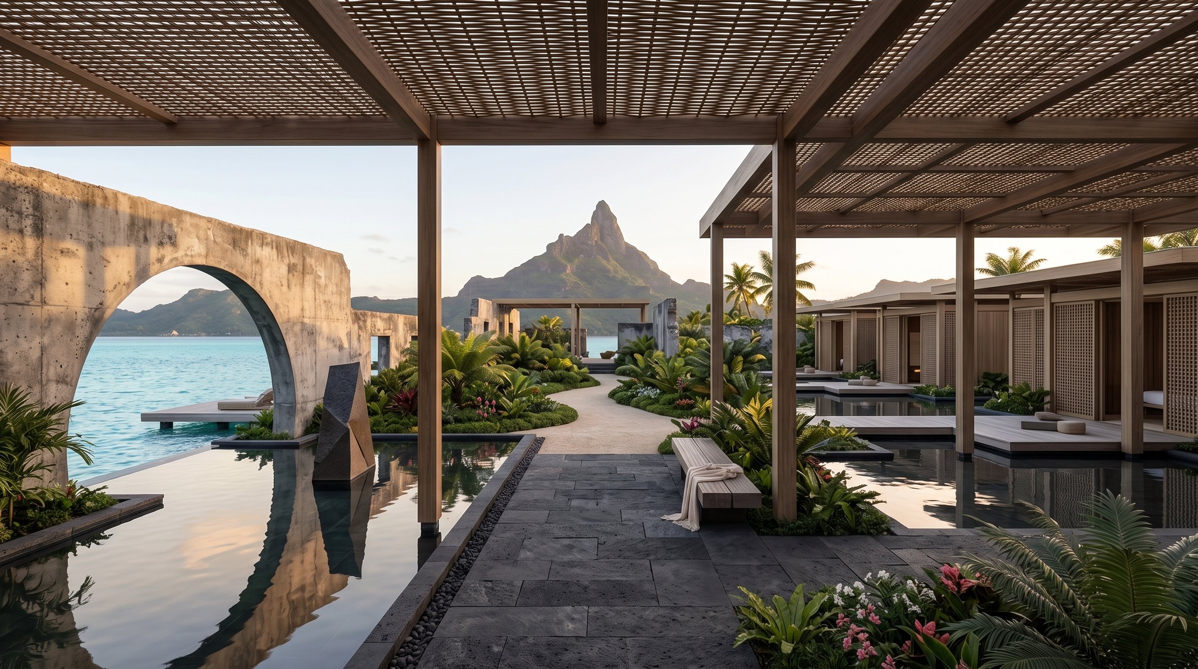 Bora Bora Lagoon Ruins Retreat concept visualization - same resort concept from an alternate angle.