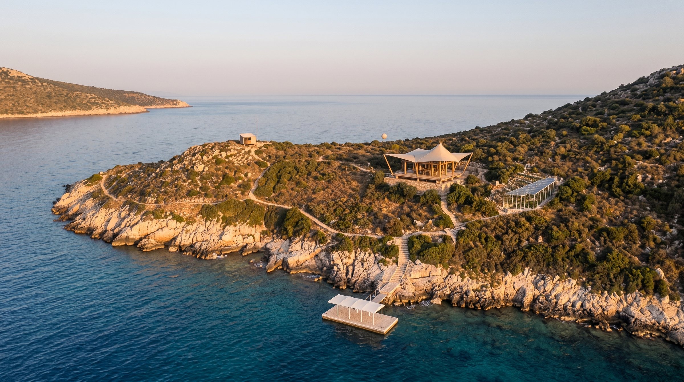 Makri Ionian Conservation Retreat concept visualization - same resort concept from an alternate angle.