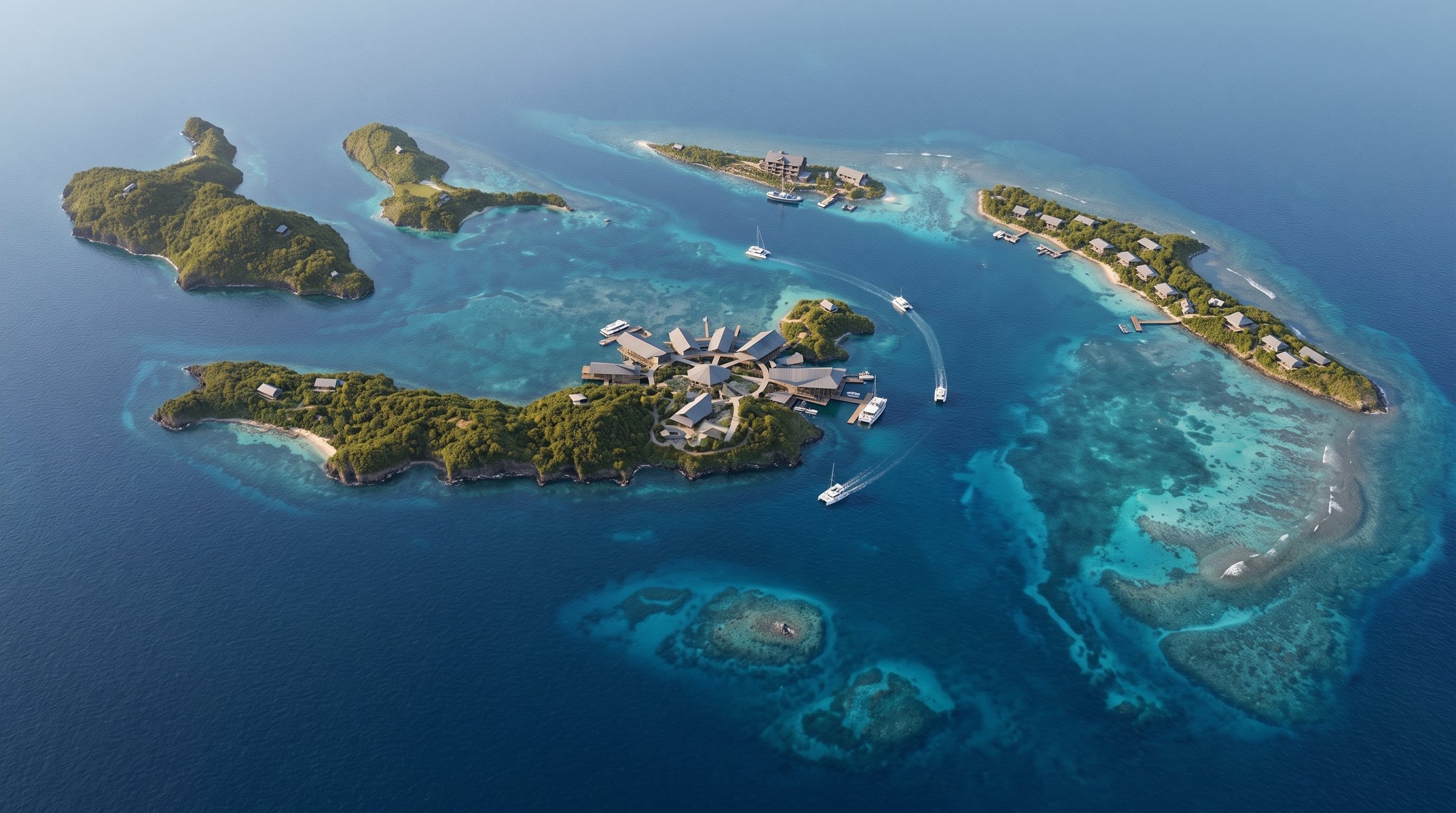 Naranjo Three-Island Expedition Resort concept visualization - aerial overview grounded in the real site reference.