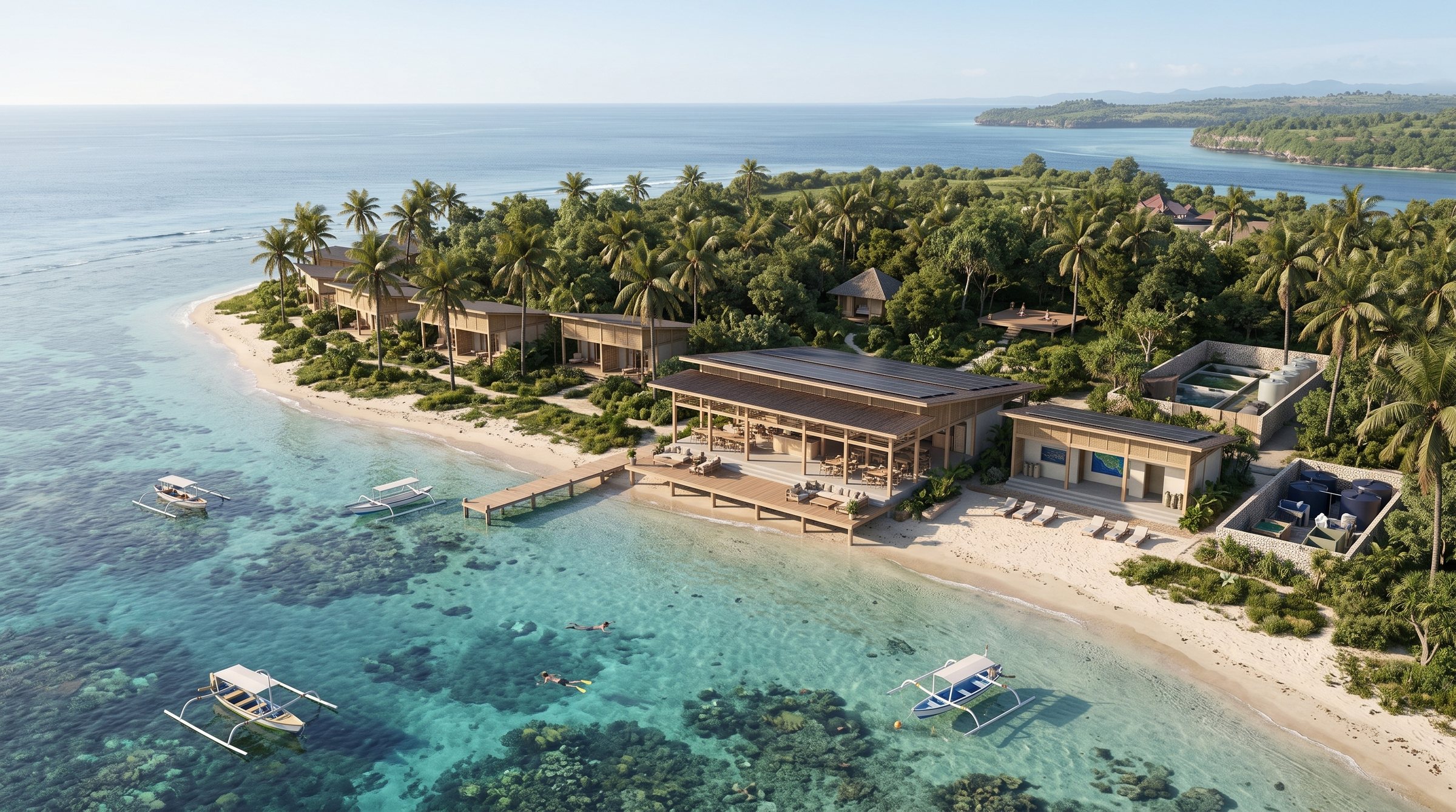 Nusa Lembongan Low-Impact Island Retrofit concept visualization - aerial overview grounded in the real site reference.