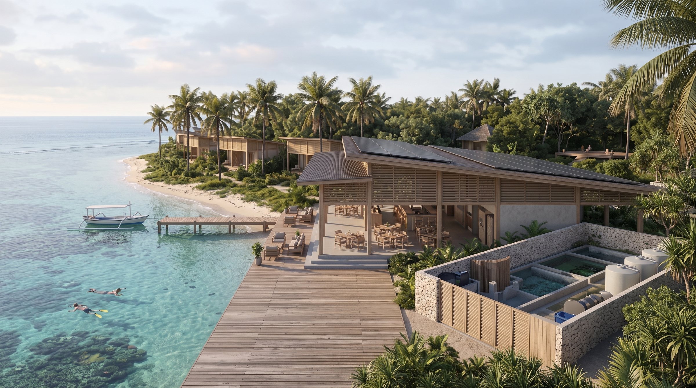 Nusa Lembongan Low-Impact Island Retrofit concept visualization - same resort concept from an alternate angle.
