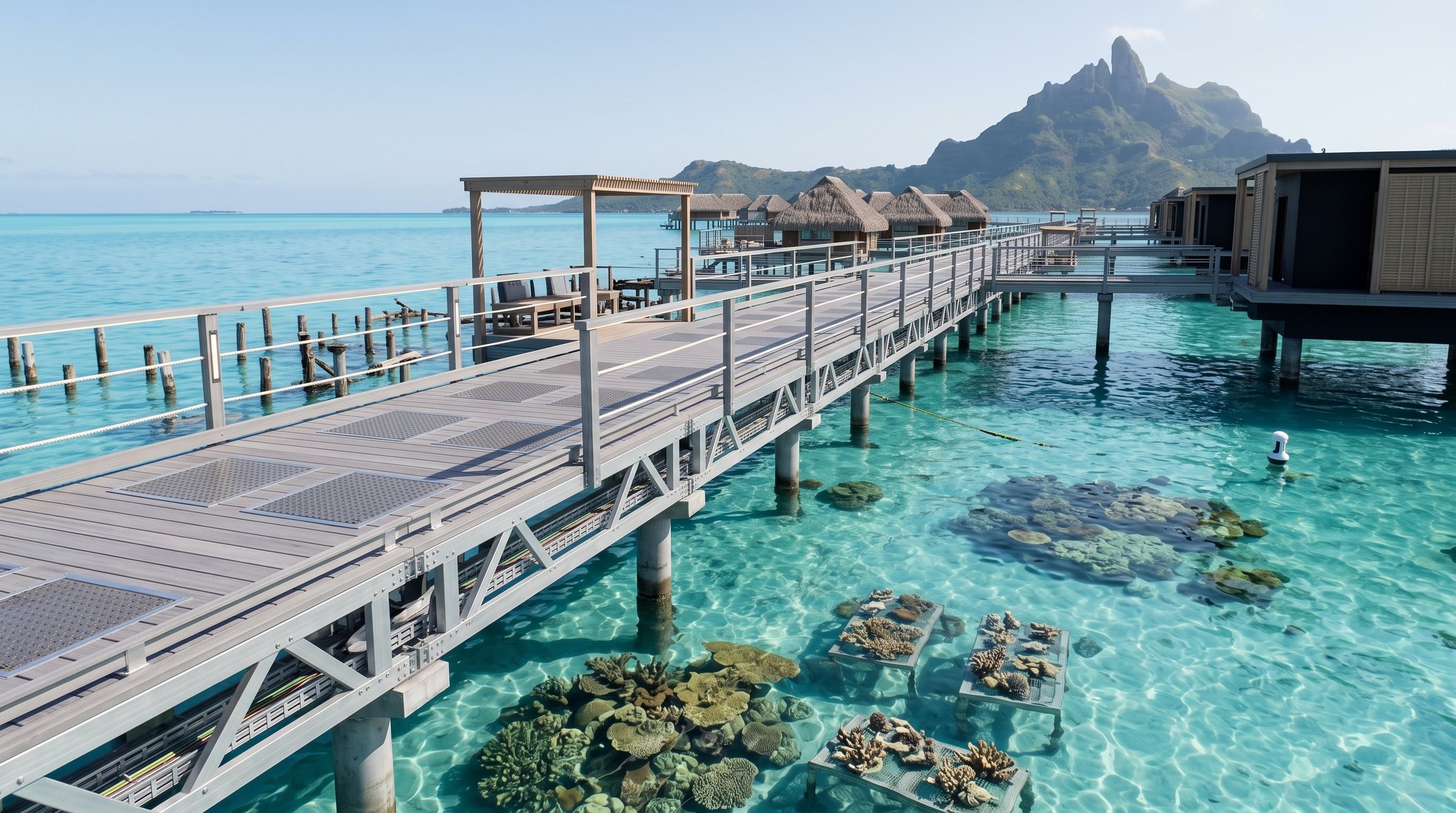 Bora Bora Overwater Brownfield Recovery Prototype concept visualization - same resort concept from an alternate angle.
