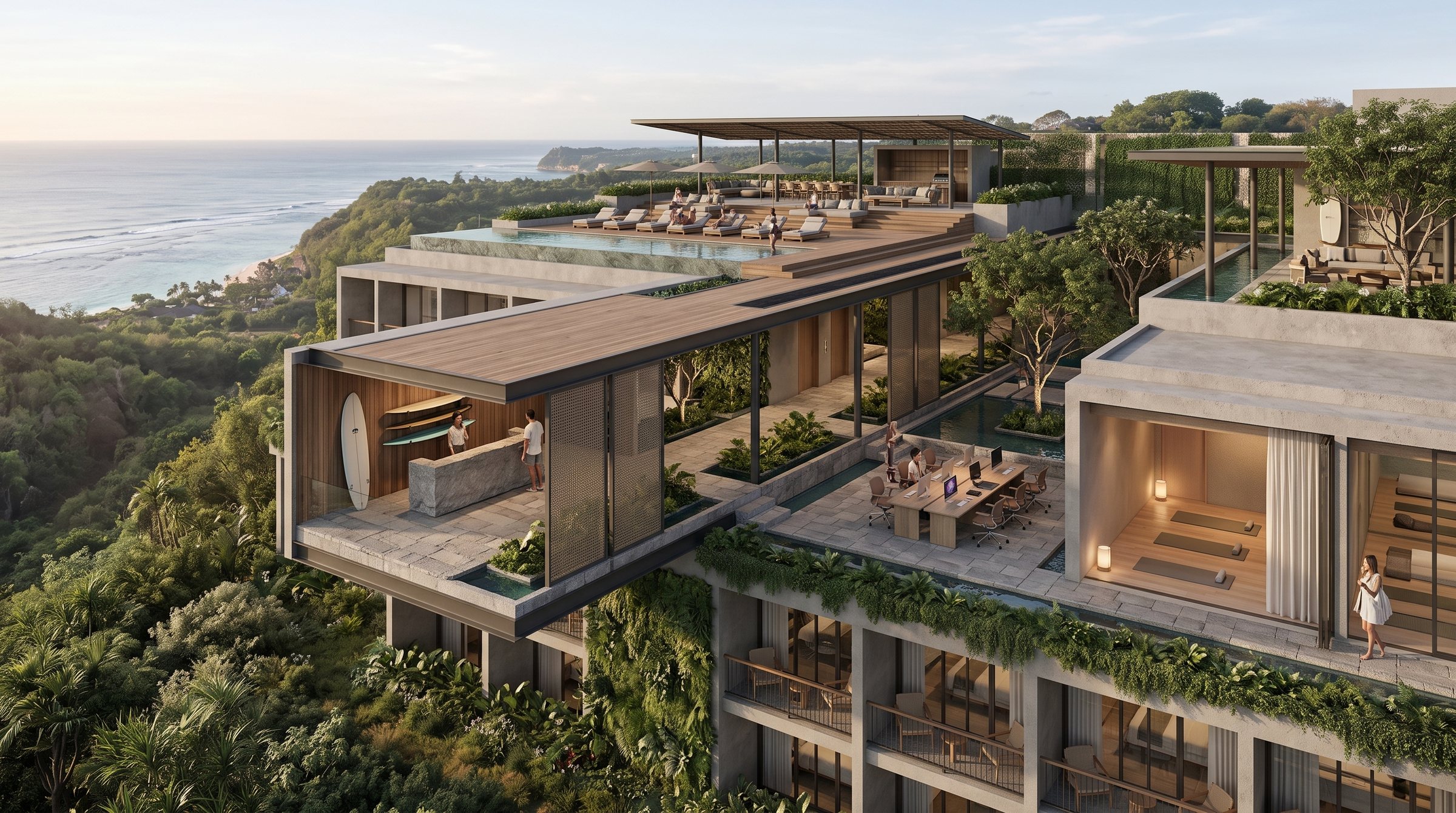 Pecatu Hills Hotel Retrofit concept visualization - aerial overview grounded in the real site reference.