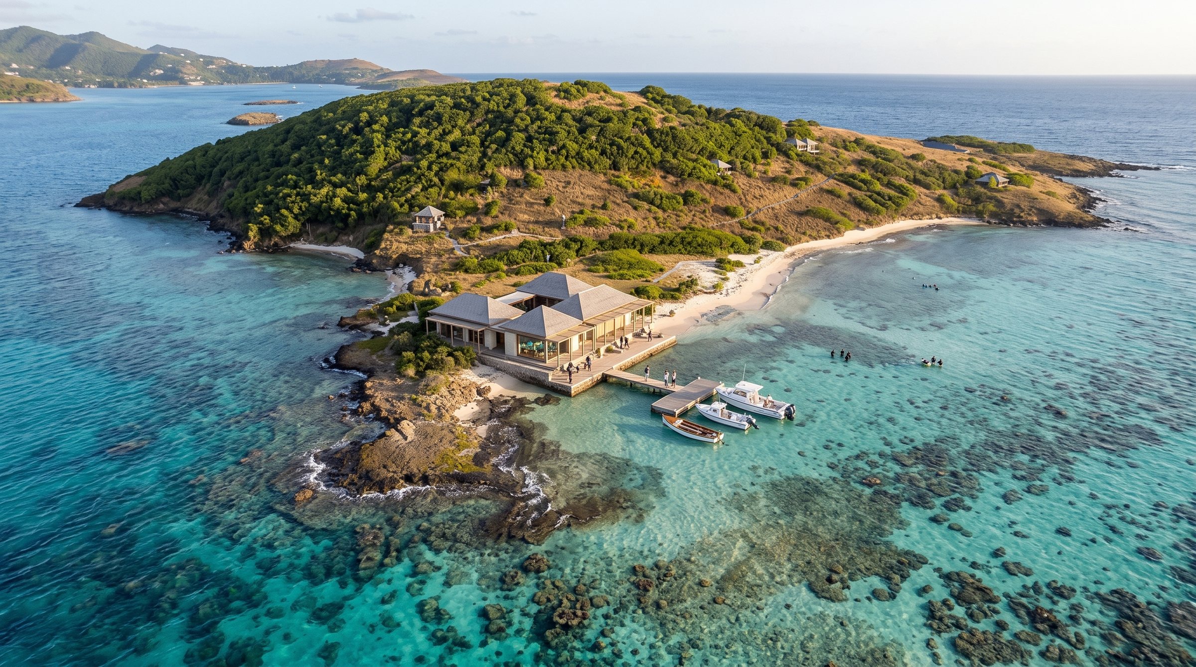 Petit Nevis Marine Heritage Sanctuary concept visualization - aerial overview grounded in the real site reference.