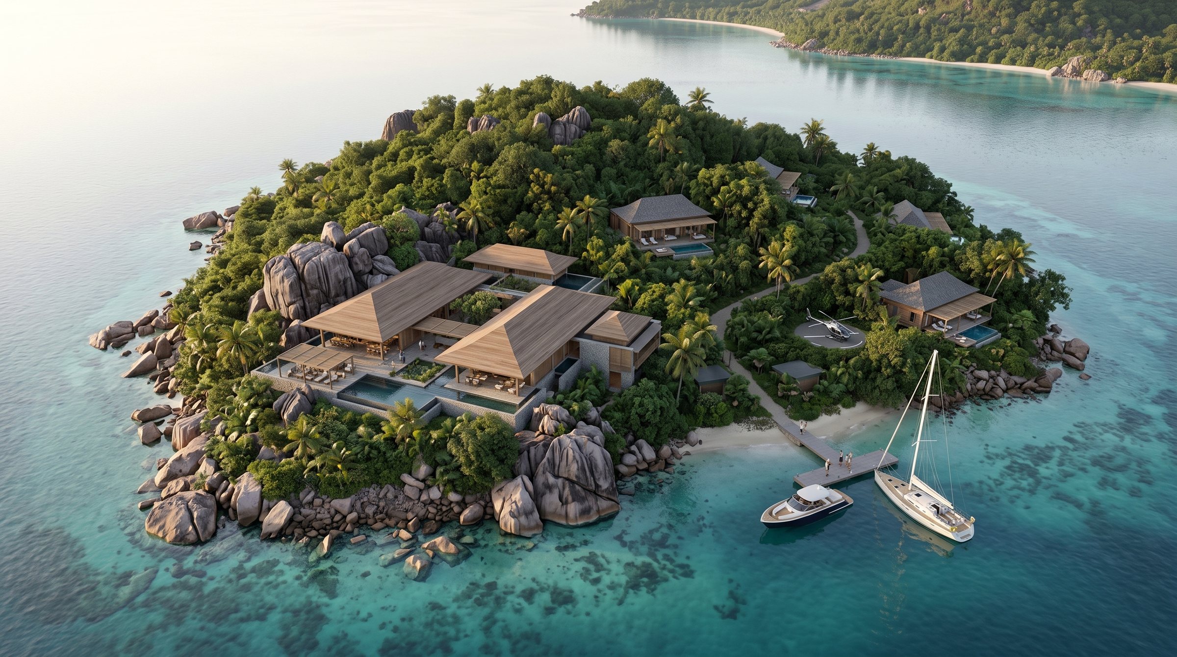 Praslin Round Island Recovery Resort concept visualization - aerial overview grounded in the real site reference.