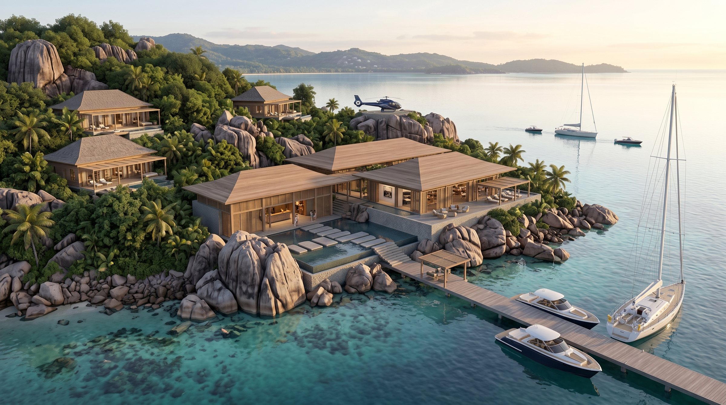Praslin Round Island Recovery Resort concept visualization - same resort concept from an alternate angle.