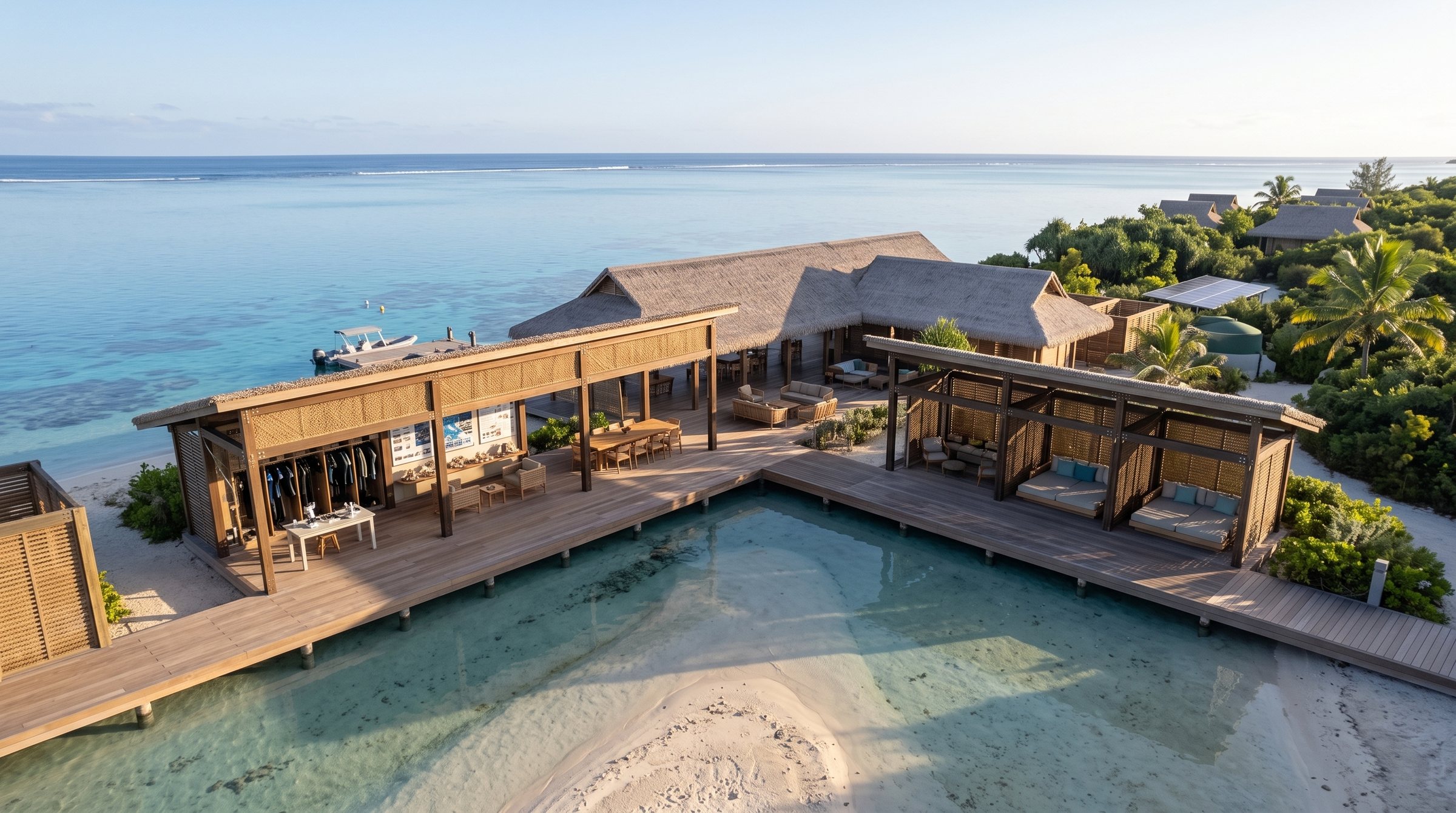 Rangiroa Blue Lagoon Reinvention Retreat concept visualization - same resort concept from an alternate angle.