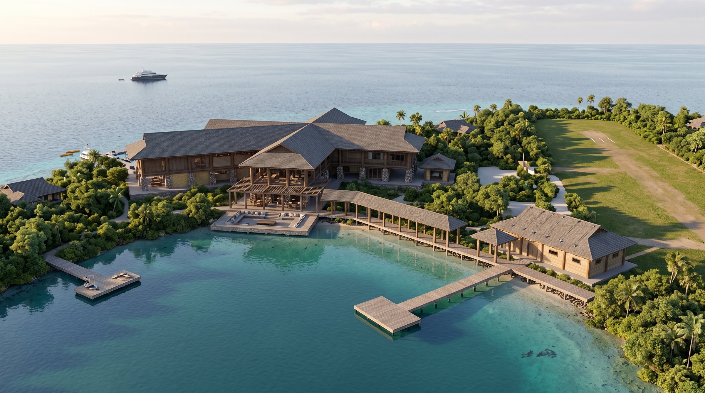 Santo Lagoon Airstrip Retreat concept visualization - same resort concept from an alternate angle.