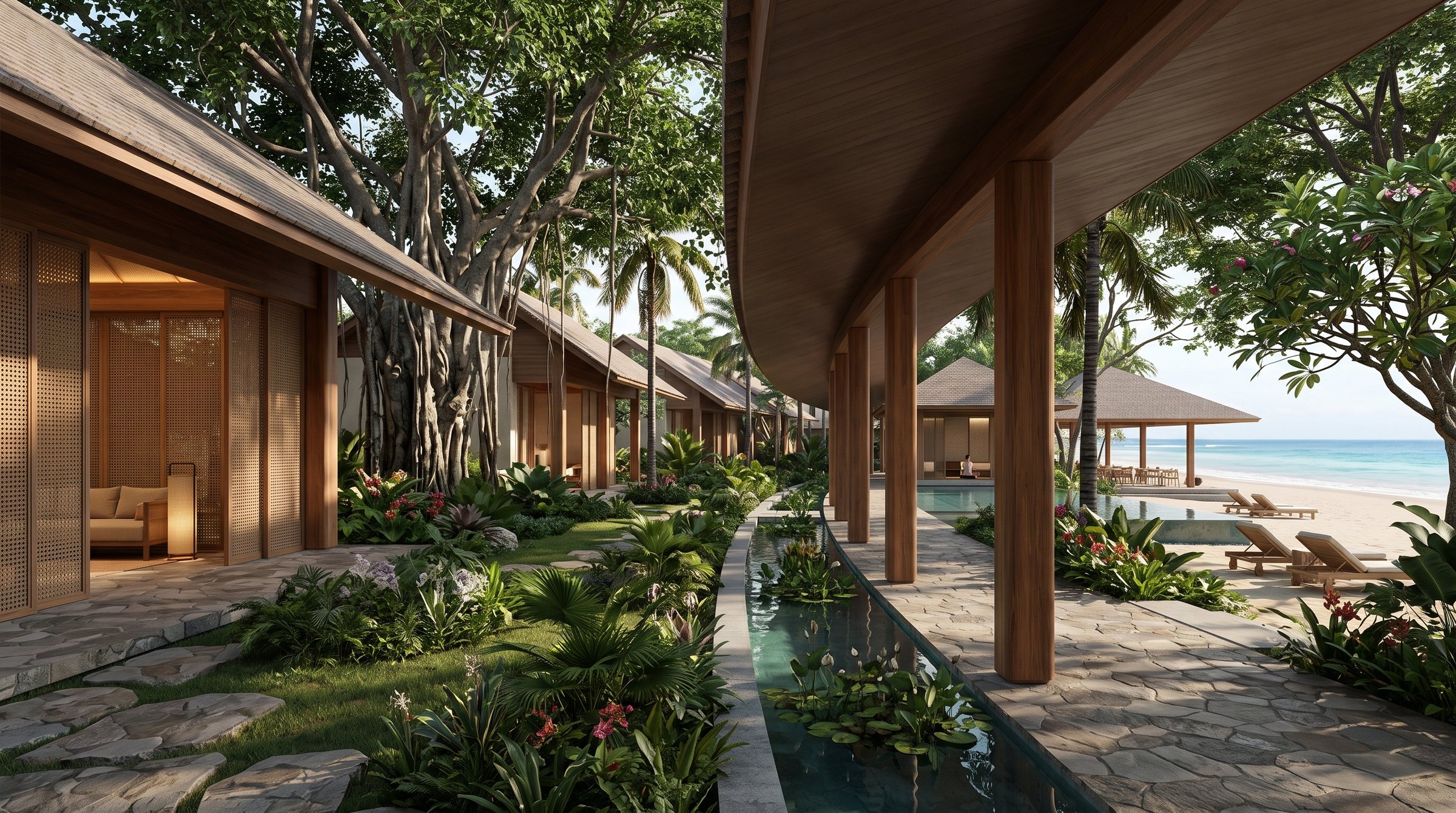 Seminyak Legacy Beach Resort Reuse concept visualization - aerial overview grounded in the real site reference.