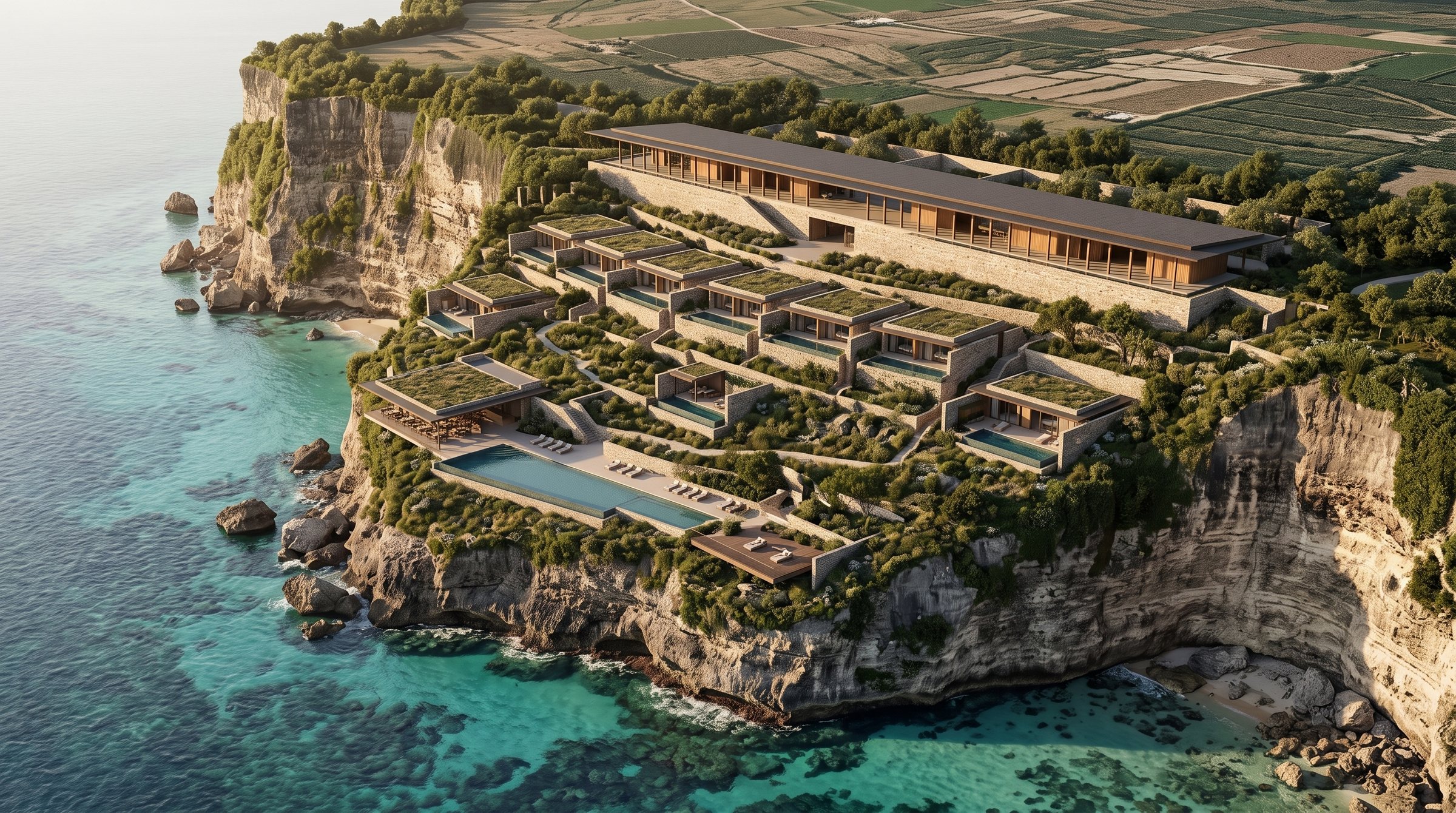 Ungasan Lost Cliff Resort concept visualization - aerial overview grounded in the real site reference.