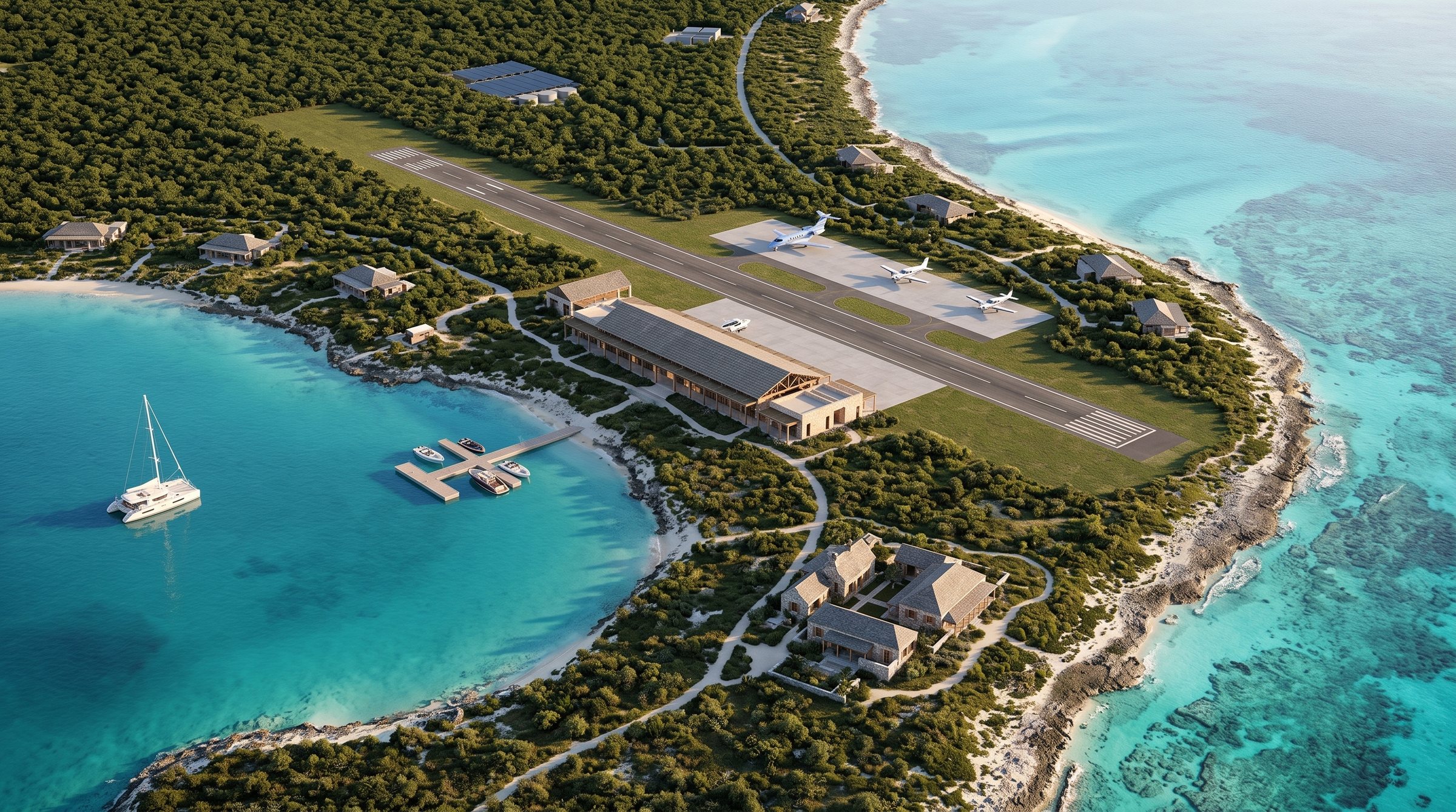 Whale Cay Runway & Heritage Club concept visualization - aerial overview grounded in the real site reference.