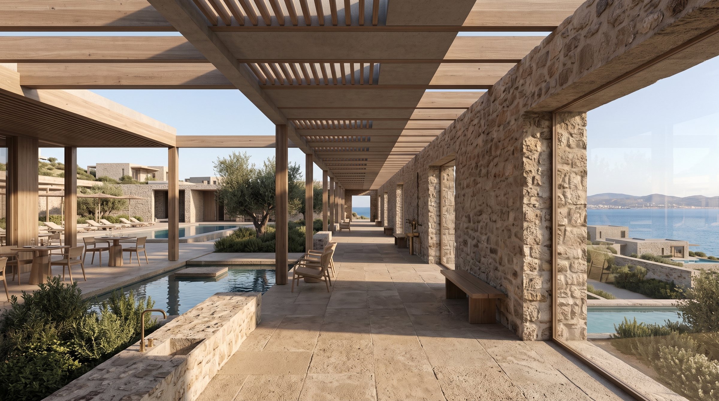 Xeronisi North Aegean Architectural Hotel concept visualization - same resort concept from an alternate angle.