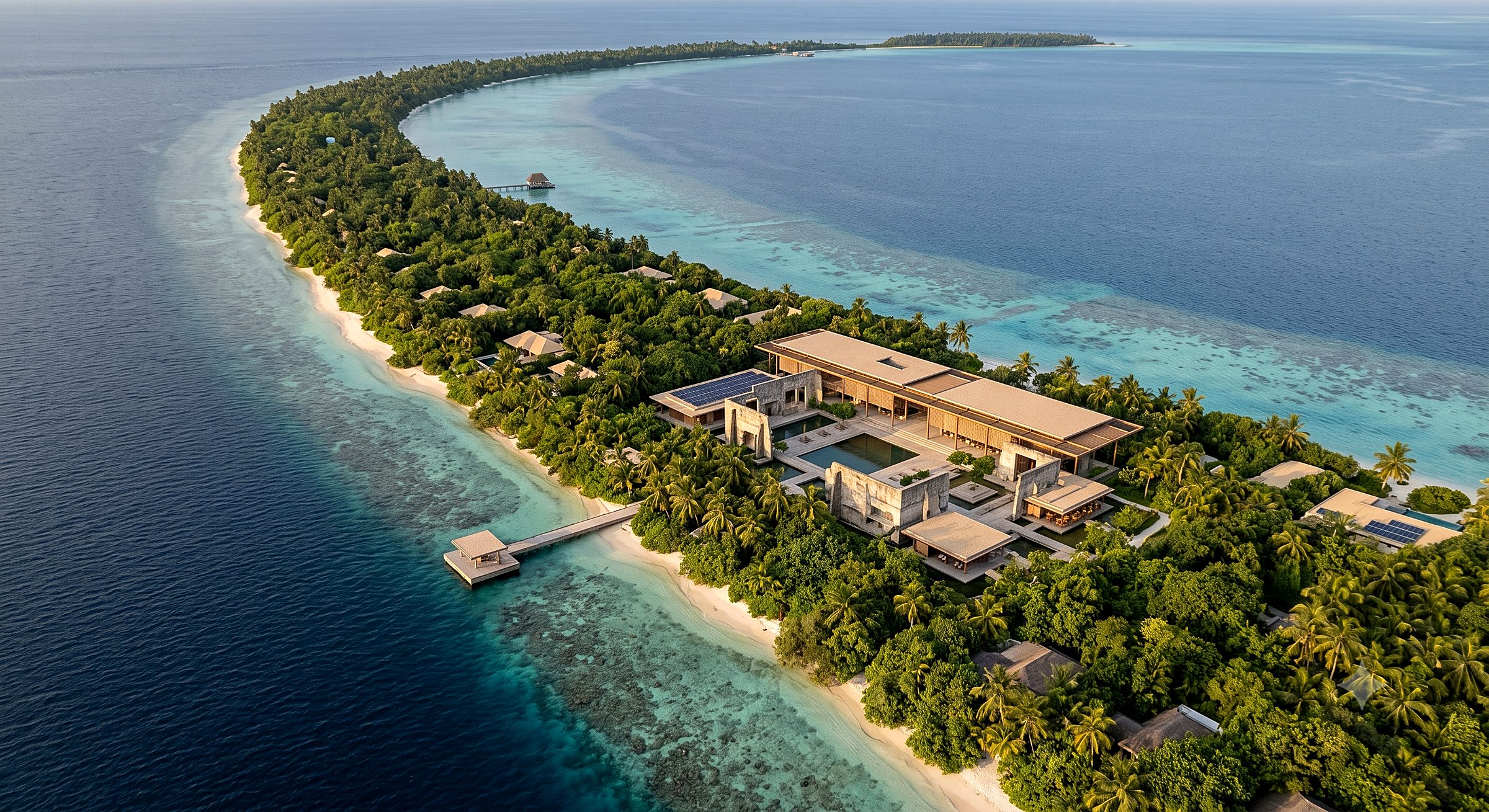 Aerial visualization of Dholhiyadhoo Ruin Garden — a thin floating roof over preserved concrete fragments, water courts, the arrival pier and beach villas along a reef-edge island in Shaviyani Atoll.