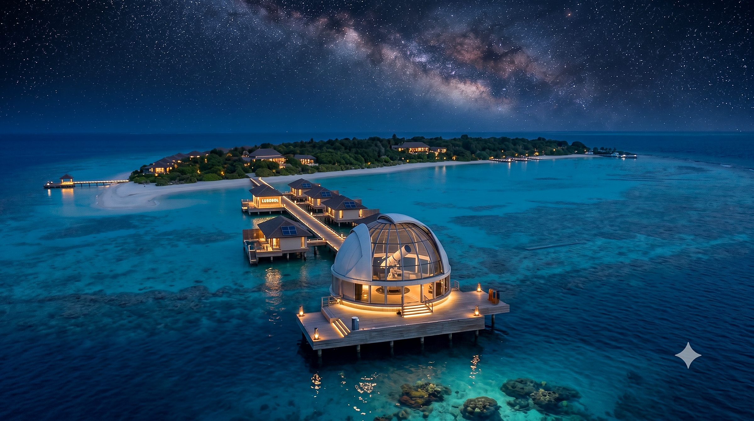 Night aerial visualization of Huivani Celestial Pier — the glazed observatory dome at the end of the overwater pier, villas with rooftop photovoltaics and the Milky Way above the island.