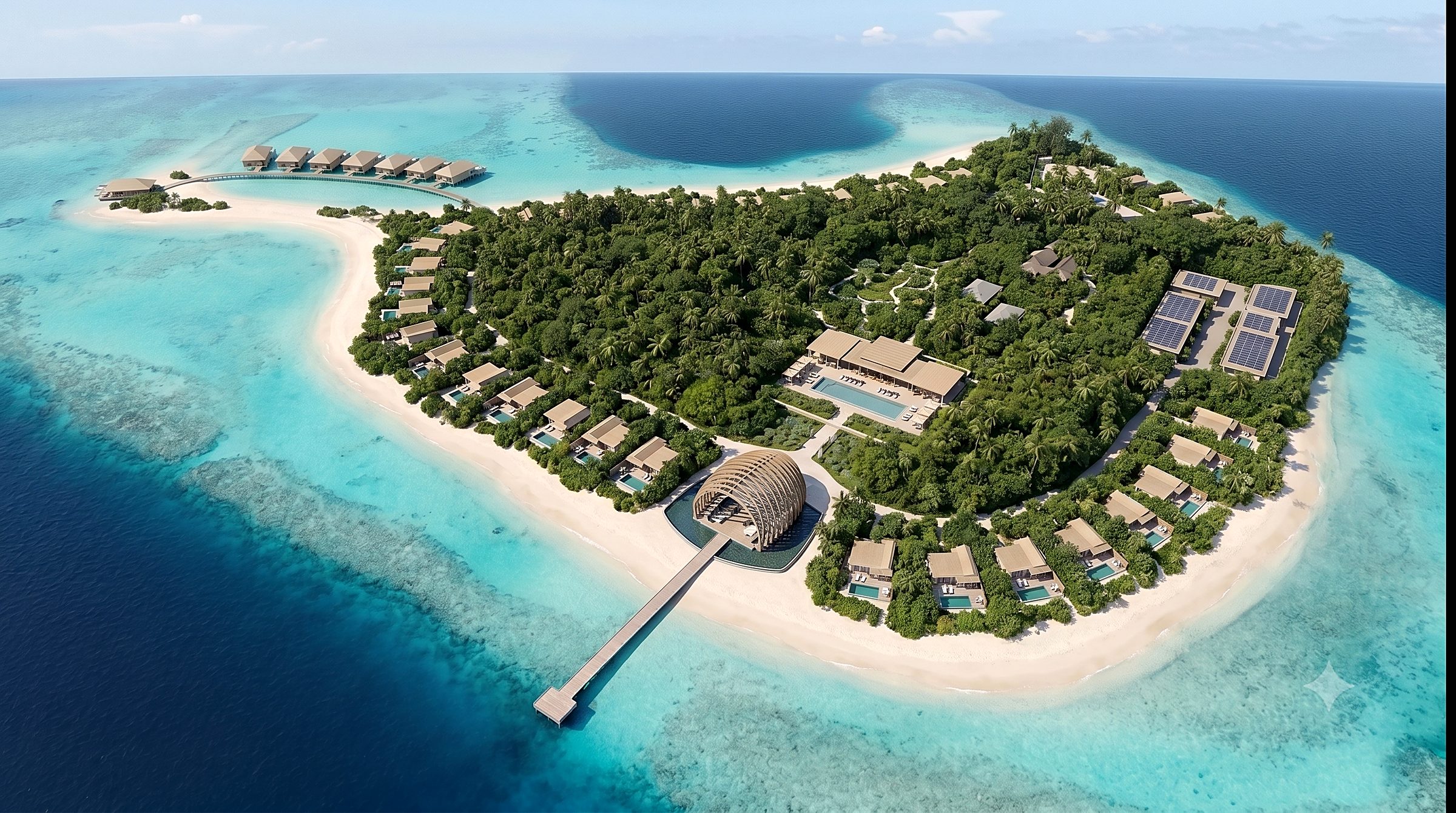 Aerial visualization of the whole of Villivaru — the compact island with its perimeter ring of pool villas, the central guest heart and pool, the Arrival Shell at the jetty, photovoltaic roofs over the service zone and eight overwater villas on the sand spit.