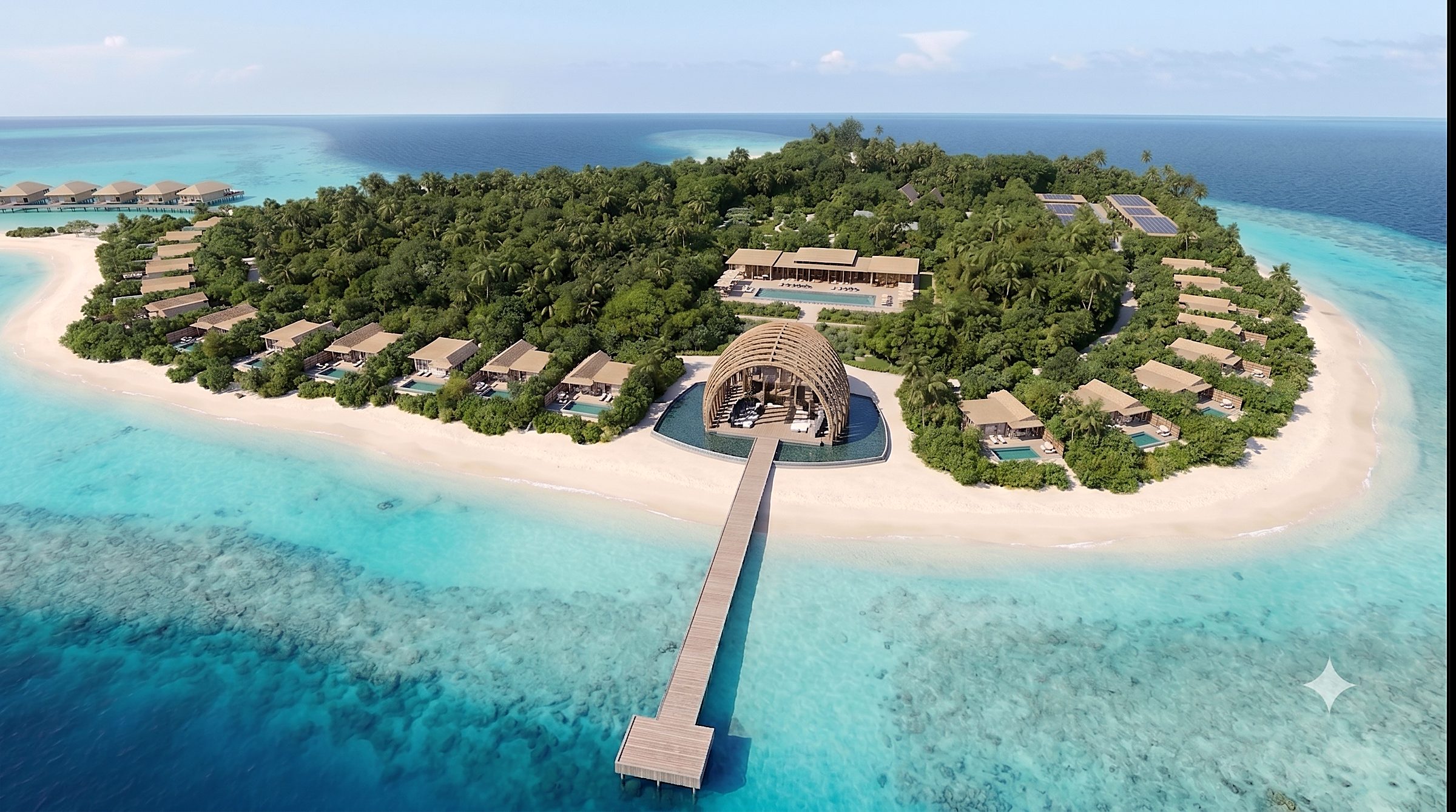 Aerial visualization of Villivaru — The Arrival Shell, a ribbed timber vault in its own water court at the head of the jetty, with beach pool villas behind the vegetation line.